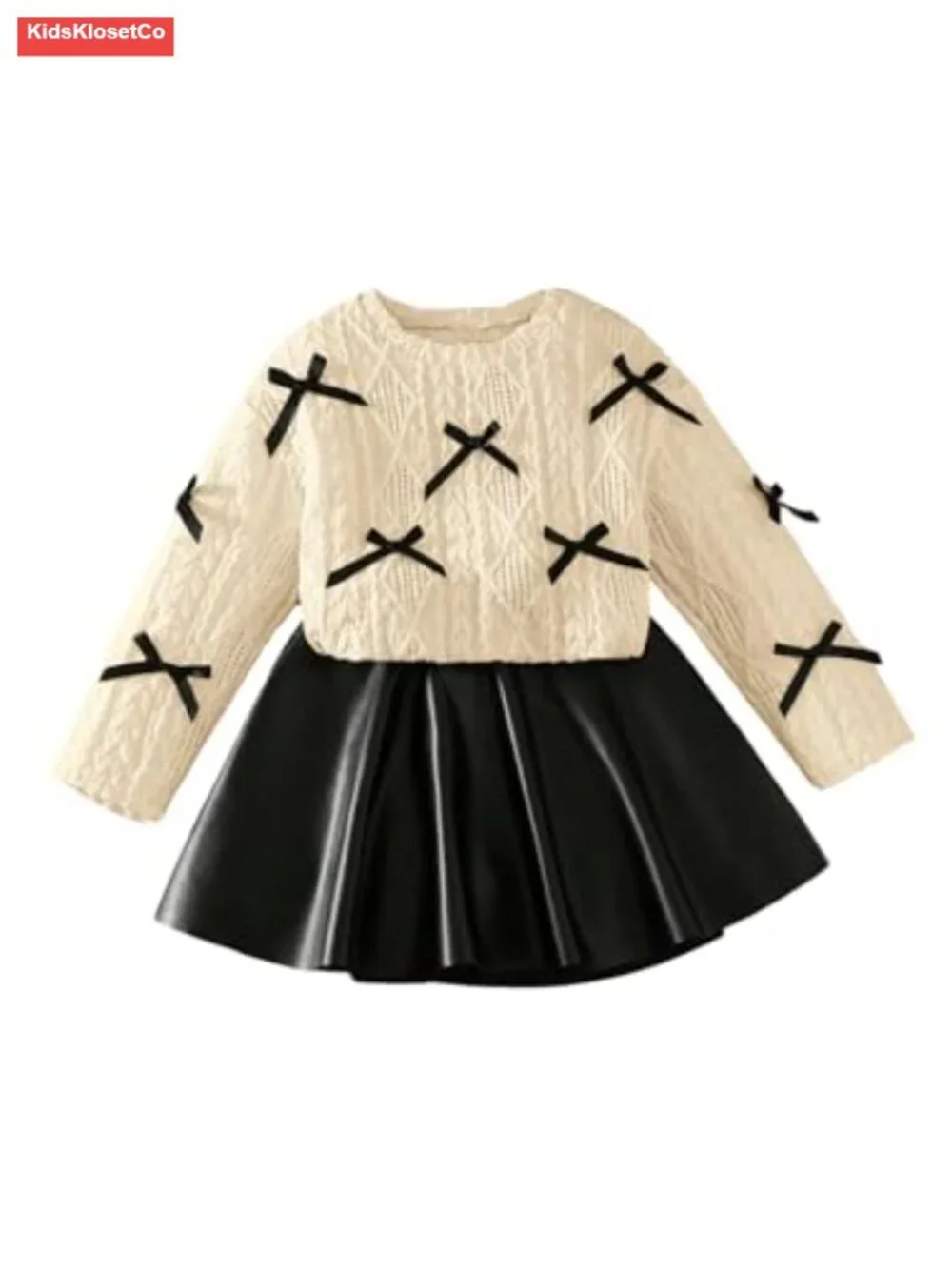 Toddler Girl 2 Piece Outfit Bow Sweater PU Leather Skater Skirt Set